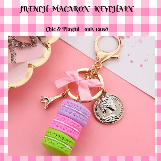 Paris Macaron Keychain – Eiffel Tower Charm & Pink Bow