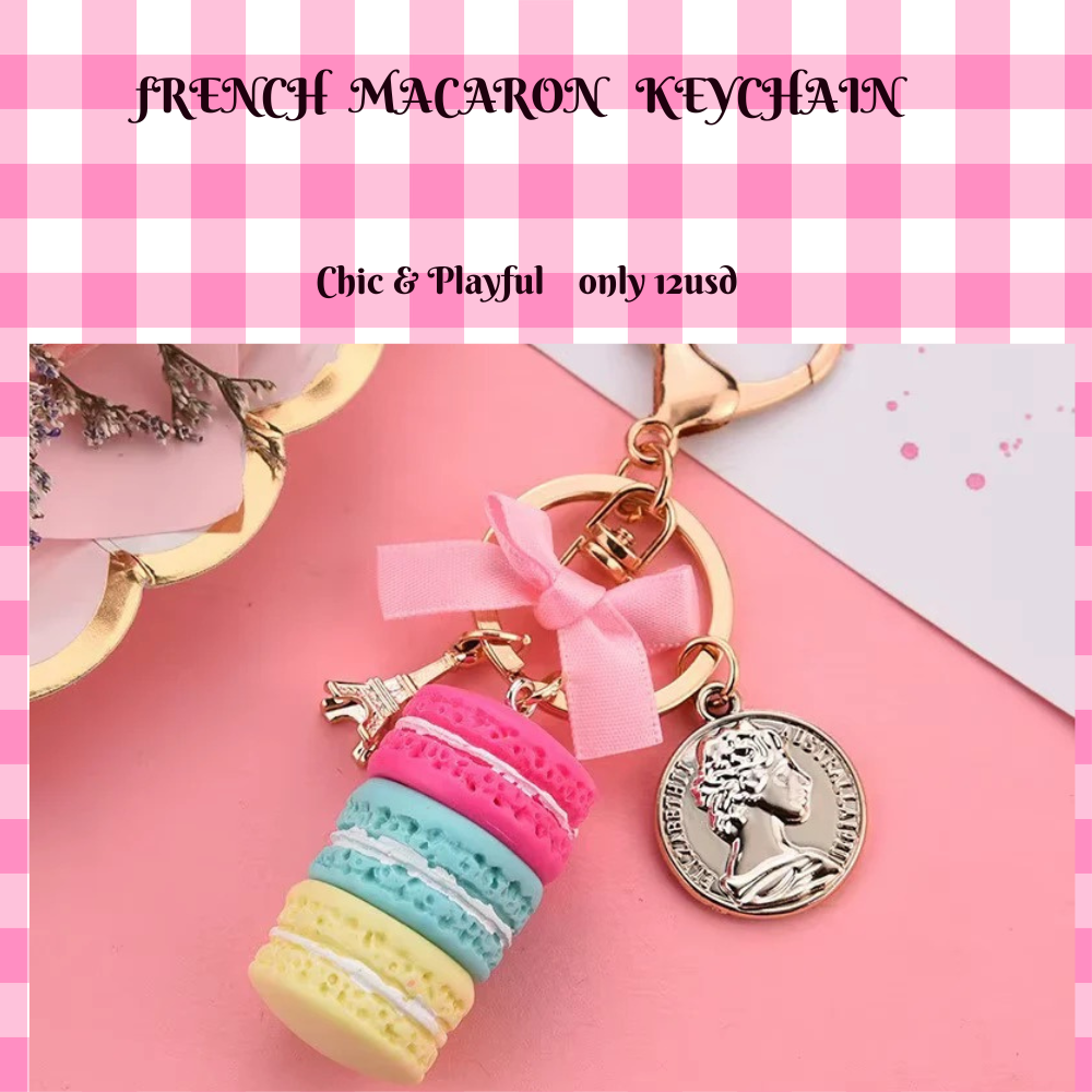 Paris Macaron Keychain – Eiffel Tower Charm & Pink Bow