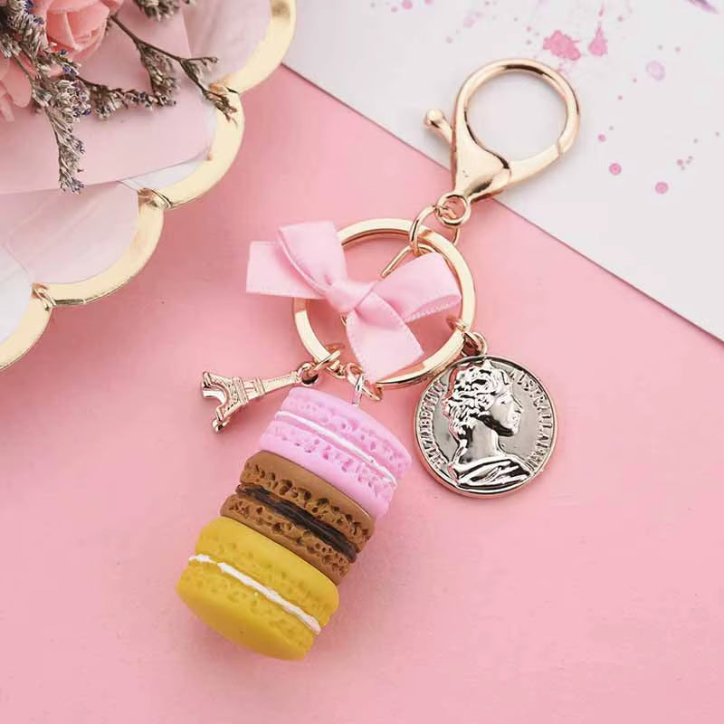 Lovely Macaron Cake Eiffel Tower Food Keychain Bowknot Car Keyring Bag Purse Pendant Food Cake Macaroon Key Chain